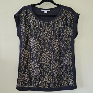 Diane Von Furstenberg Top Womens US 6 Black Gold Lace Silk SS Whimsigoth Boho